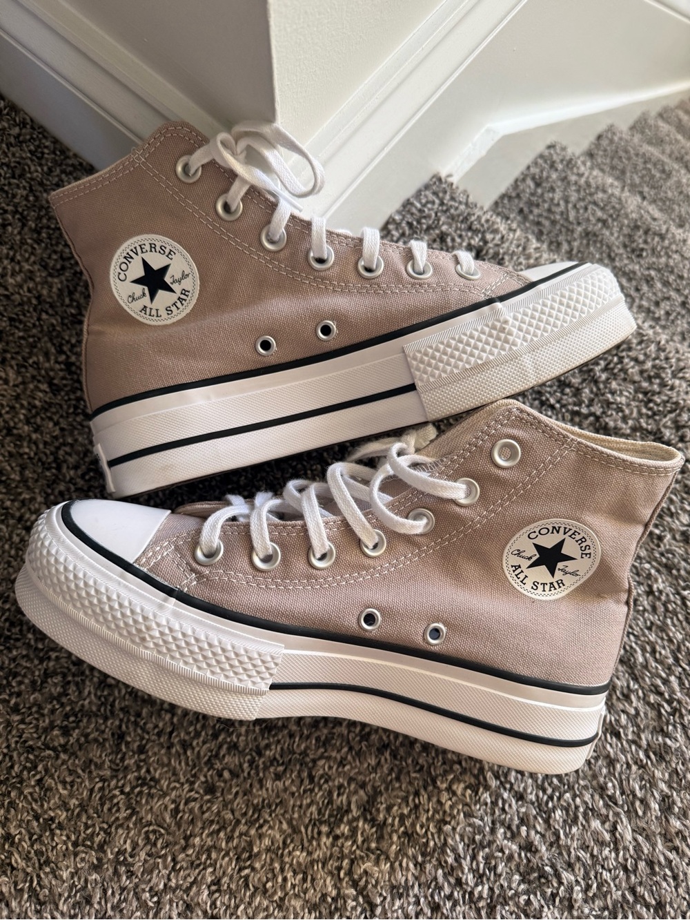 Converse High Top Platform Sneakers - Taupe Canvas with White Soles